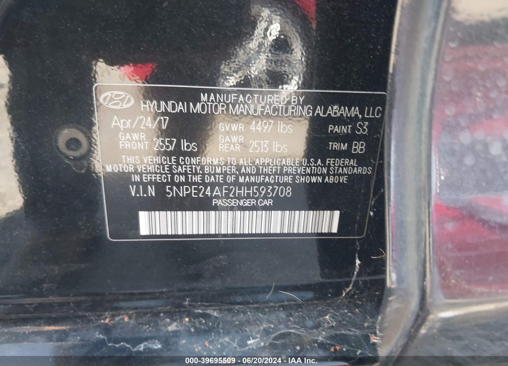 2017 HYUNDAI SONATA SE VIN: 5NPE24AF2HH593708