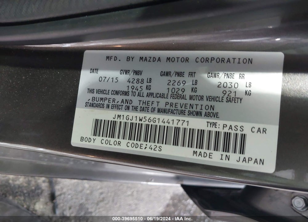 2016 MAZDA 6 I GRAND TOURING VIN: JM1GJ1W56G1441771