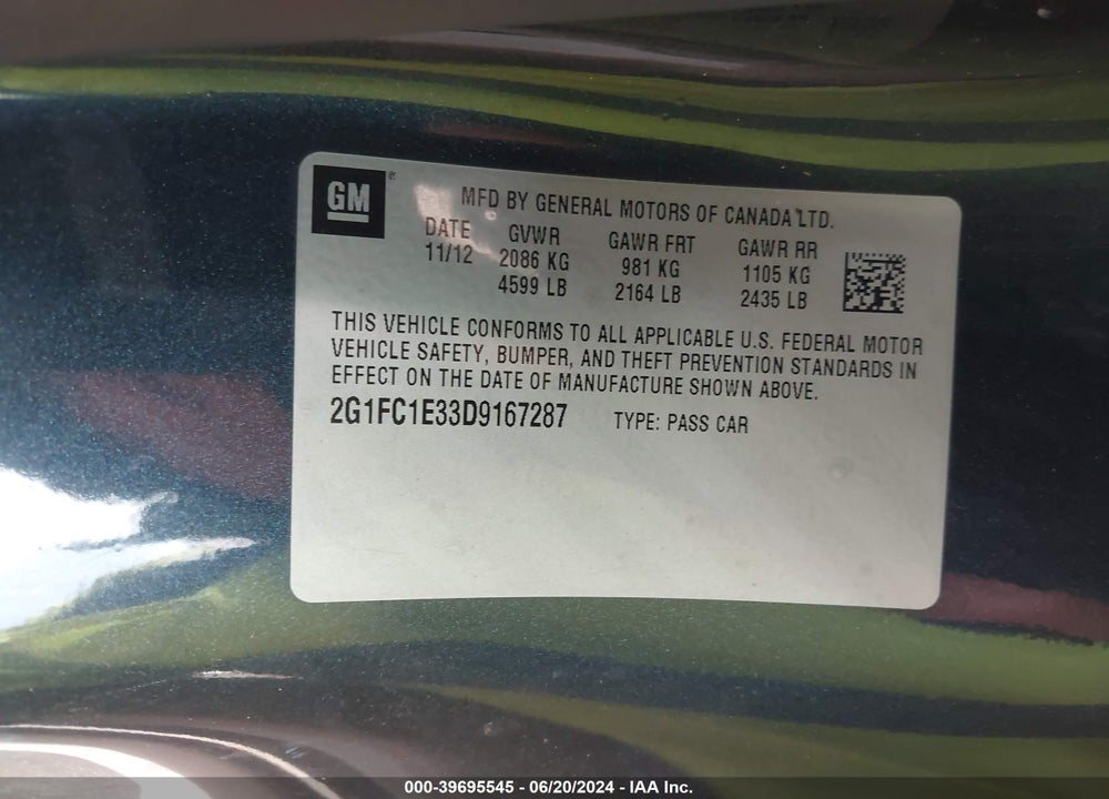 2013 CHEVROLET CAMARO 2LT VIN: 2G1FC1E33D9167287