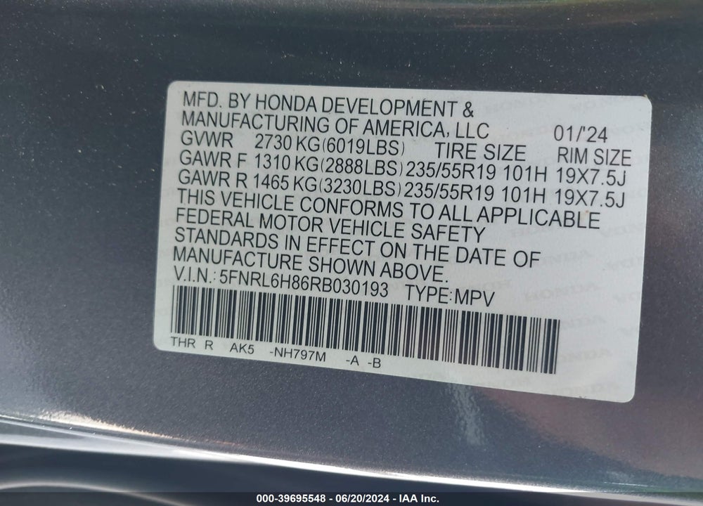 2024 HONDA ODYSSEY TOURING VIN: 5FNRL6H86RB030193