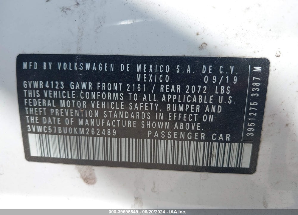 2019 VOLKSWAGEN JETTA 1.4T R-LINE/1.4T S/1.4T SE VIN: 3VWC57BU0KM262489