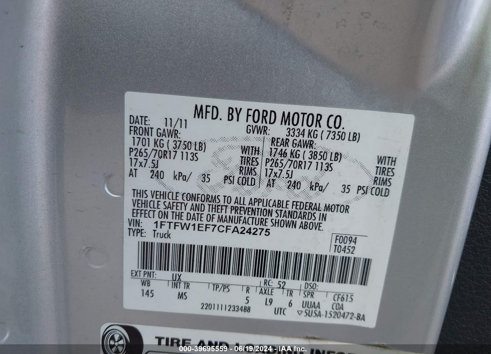 2012 FORD F-150 VIN: 1FTFW1EF7CFA24275