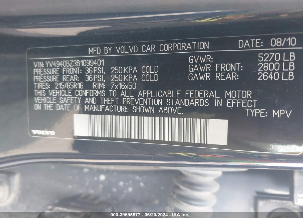 2011 VOLVO XC70 3.2 VIN: YV4940BZ3B1099401