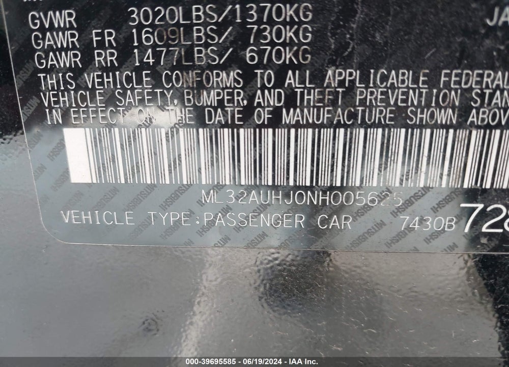 2022 MITSUBISHI MIRAGE ES/LE VIN: ML32AUHJ0NH005625