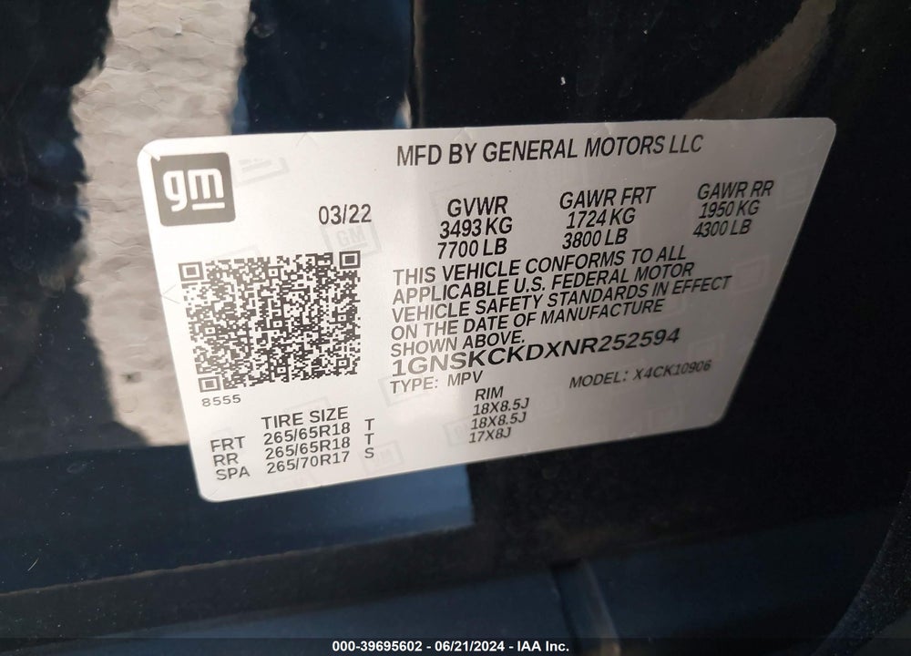 2022 CHEVROLET SUBURBAN 4WD LT VIN: 1GNSKCKDXNR252594