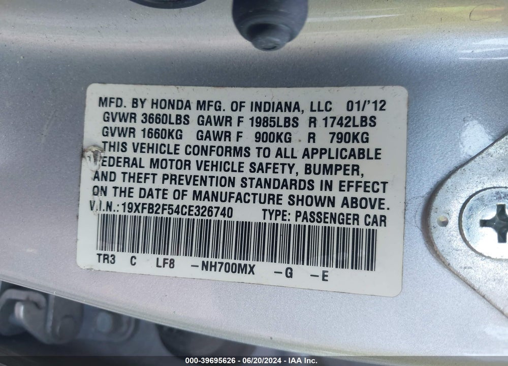 2012 HONDA CIVIC LX VIN: 19XFB2F54CE326740