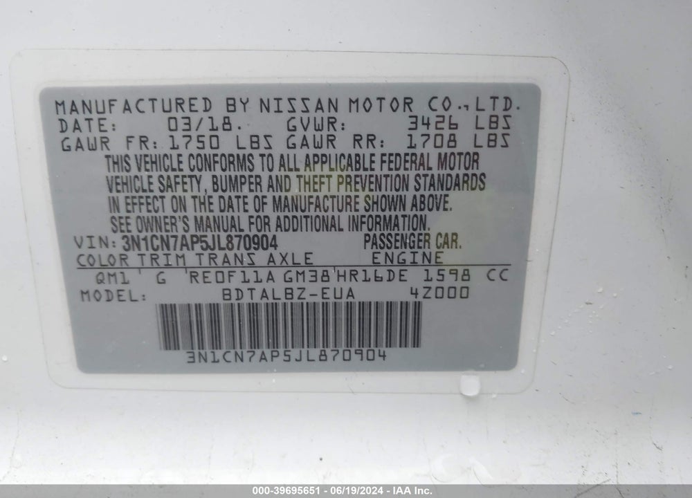 2018 NISSAN VERSA 1.6 SV VIN: 3N1CN7AP5JL870904