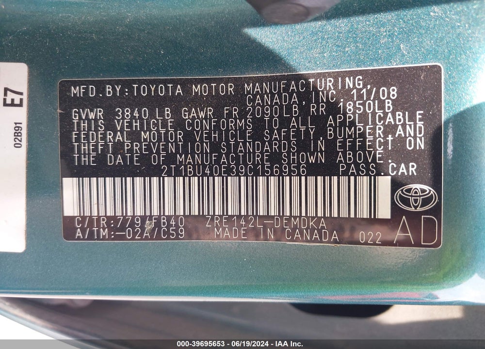 2009 TOYOTA COROLLA VIN: 2T1BU40E39C156956