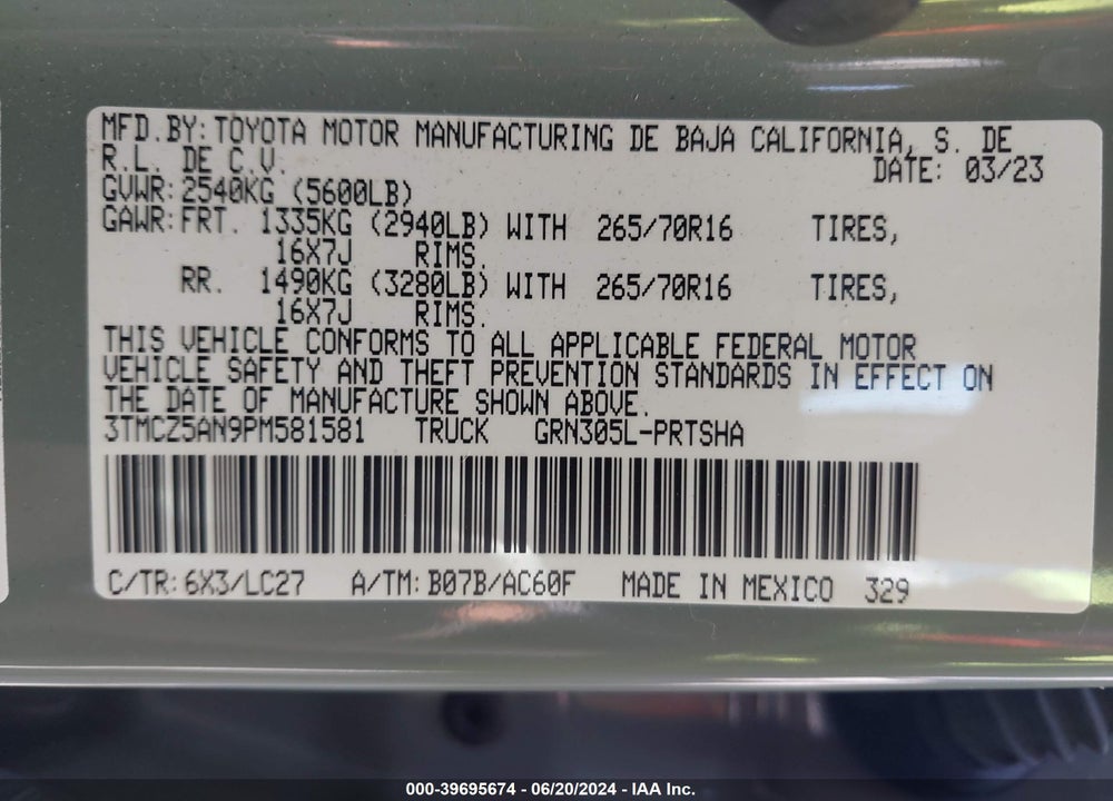 2023 TOYOTA TACOMA TRD OFF ROAD VIN: 3TMCZ5AN9PM581581