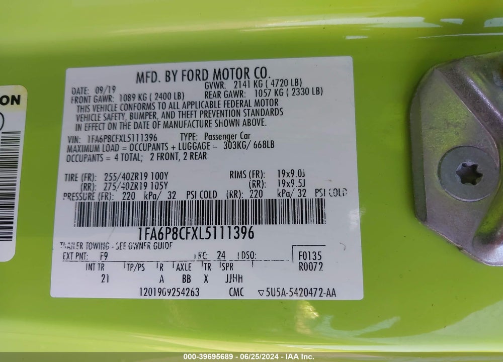 2020 FORD MUSTANG GT FASTBACK VIN: 1FA6P8CFXL5111396