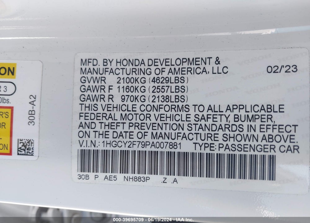 2023 HONDA ACCORD HYBRID SPORT-L VIN: 1HGCY2F79PA007881