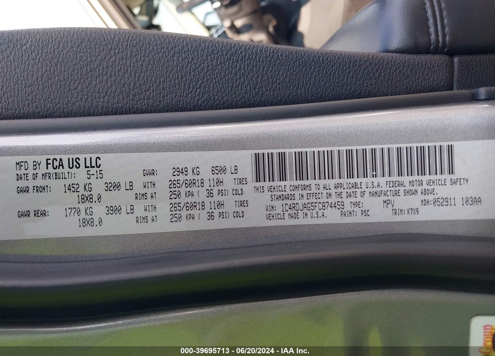 2015 DODGE DURANGO SXT VIN: 1C4RDJAG5FC874459