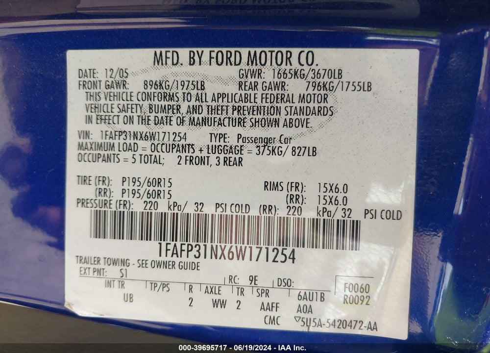 2006 FORD FOCUS ZX3 VIN: 1FAFP31NX6W171254