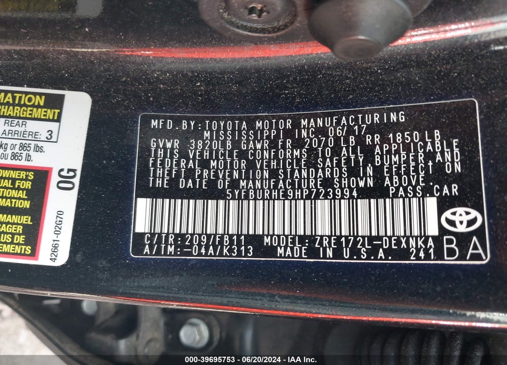 2017 TOYOTA COROLLA LE VIN: 5YFBURHE9HP723994