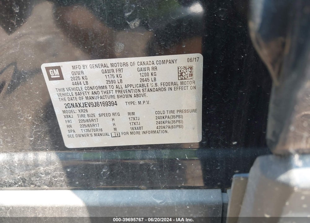 2018 CHEVROLET EQUINOX LT VIN: 2GNAXJEV9J6169394