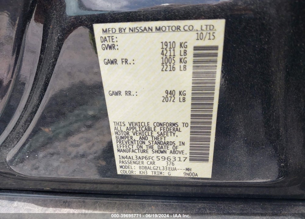 2015 NISSAN ALTIMA 2.5 S VIN: 1N4AL3AP6FC596317
