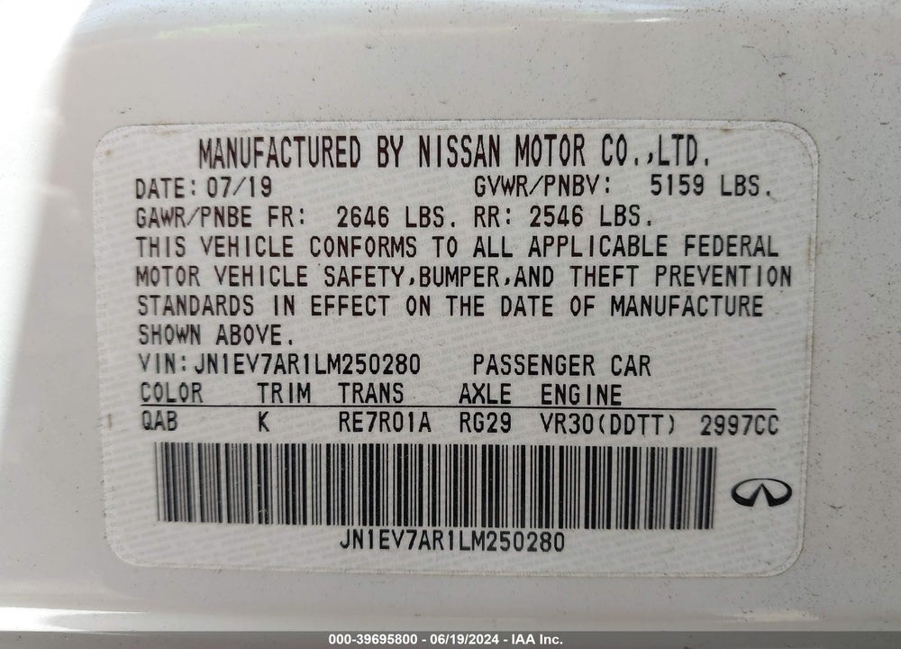 2020 INFINITI Q50 LUXE AWD VIN: JN1EV7AR1LM250280