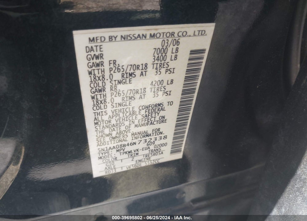 2006 NISSAN ARMADA LE VIN: 5N1AA08B46N732338
