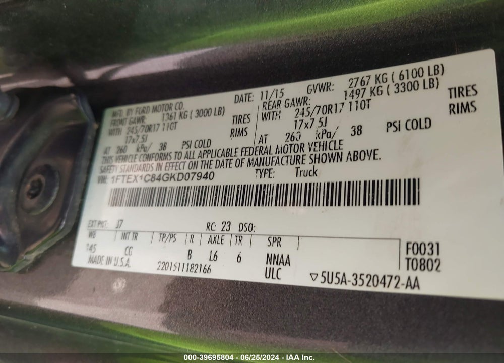 2016 FORD F-150 XL VIN: 1FTEX1C84GKD07940