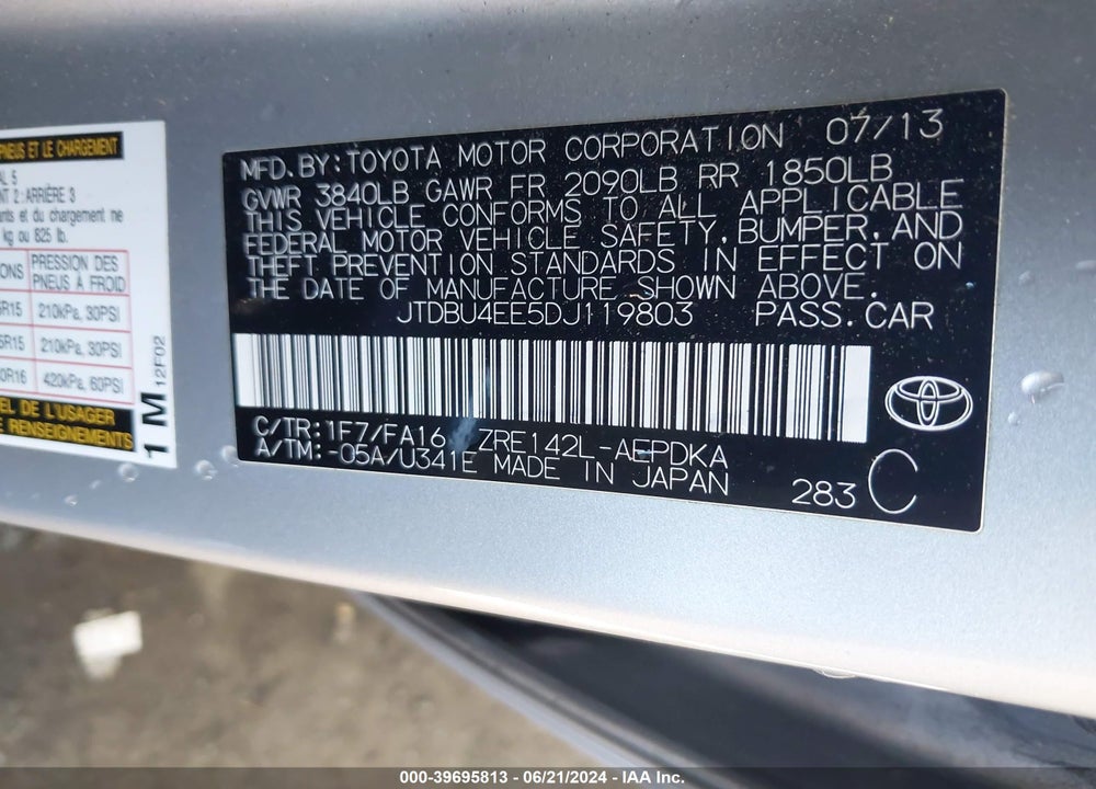 2013 TOYOTA COROLLA L VIN: JTDBU4EE5DJ119803