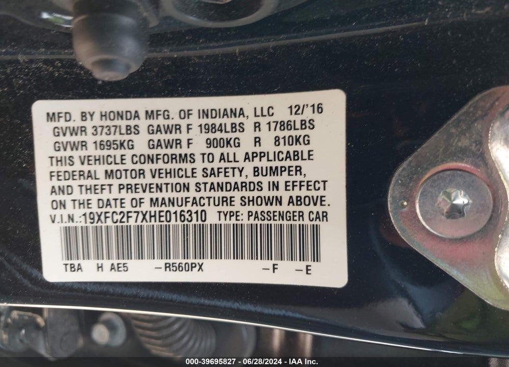 2017 HONDA CIVIC EX VIN: 19XFC2F7XHE016310