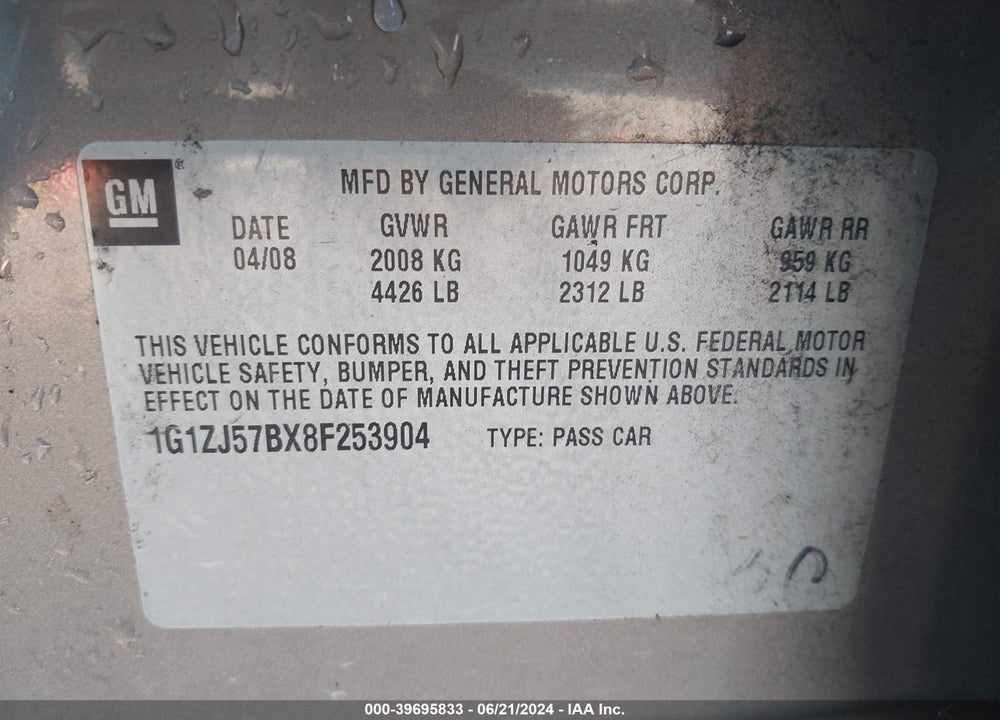 2008 CHEVROLET MALIBU LT VIN: 1G1ZJ57BX8F253904