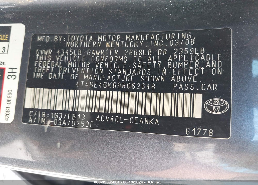2009 TOYOTA CAMRY LE VIN: 4T4BE46K69R062648