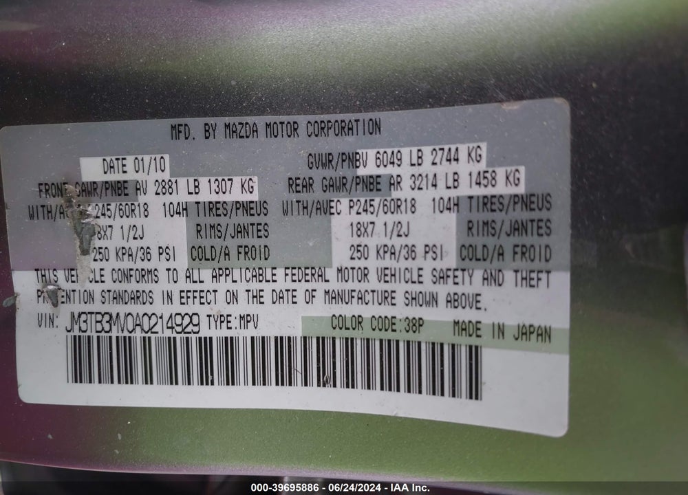 2010 MAZDA CX-9 TOURING VIN: JM3TB3MV0A0214929