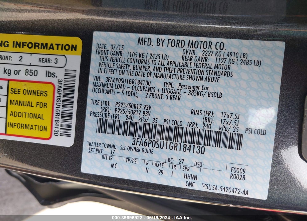 2016 FORD FUSION ENERGI TITANIUM VIN: 3FA6P0SU1GR184130