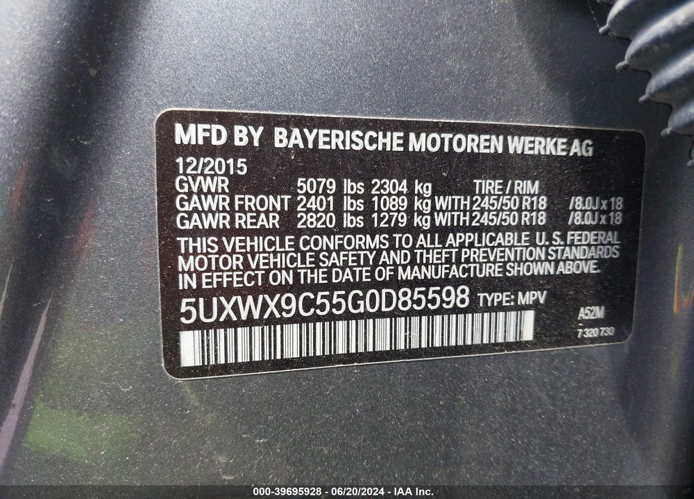 2016 BMW X3 XDRIVE28I VIN: 5UXWX9C55G0D85598