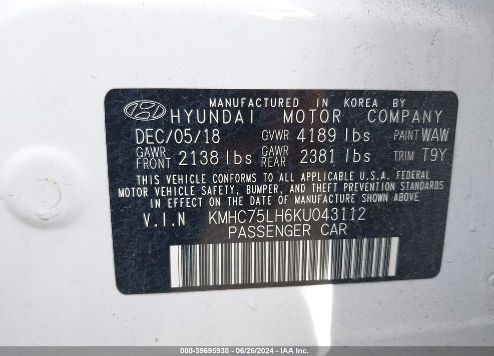 2019 HYUNDAI IONIQ ELECTRIC VIN: KMHC75LH6KU043112