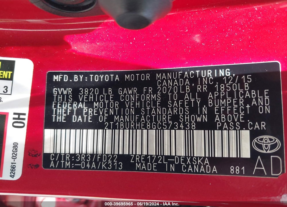 2016 TOYOTA COROLLA S PLUS VIN: 2T1BURHE8GC573438