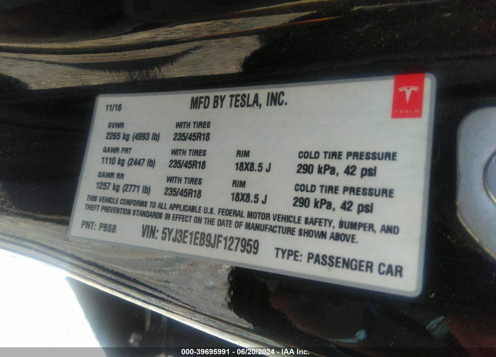 2018 TESLA MODEL 3 LONG RANGE/PERFORMANCE VIN: 5YJ3E1EB9JF127959