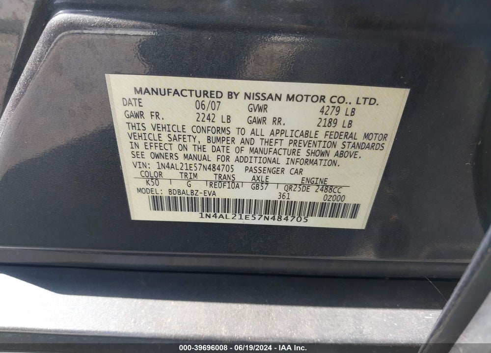 2007 NISSAN ALTIMA 2.5 S VIN: 1N4AL21E57N484705