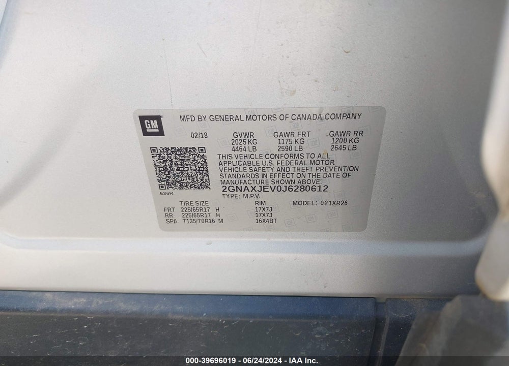 2018 CHEVROLET EQUINOX LT VIN: 2GNAXJEV0J6280612