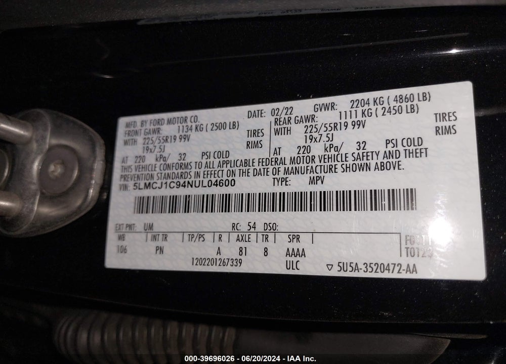 2022 LINCOLN CORSAIR STANDARD VIN: 5LMCJ1C94NUL04600