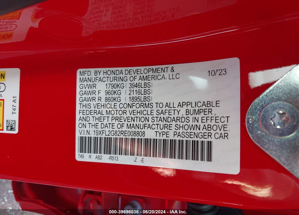 2024 HONDA CIVIC SPORT VIN: 19XFL2G82RE008808
