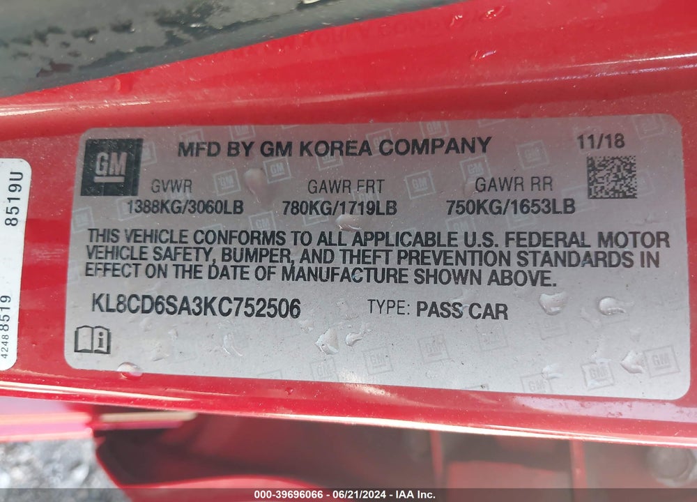 2019 CHEVROLET SPARK 1LT CVT VIN: KL8CD6SA3KC752506