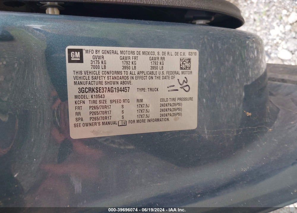 2010 CHEVROLET SILVERADO 1500 VIN: 3GCRKSE37AG194457