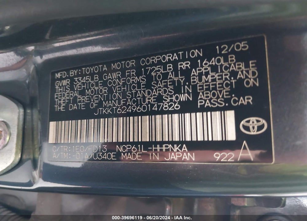 2006 SCION XA VIN: JTKKT624960147826