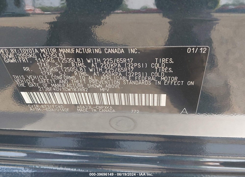 2012 TOYOTA RAV4 VIN: 2T3BF4DV1CW183882
