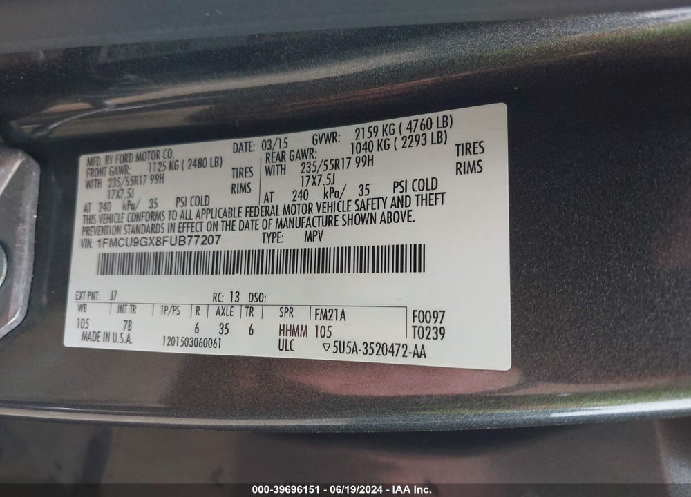2015 FORD ESCAPE SE VIN: 1FMCU9GX8FUB77207