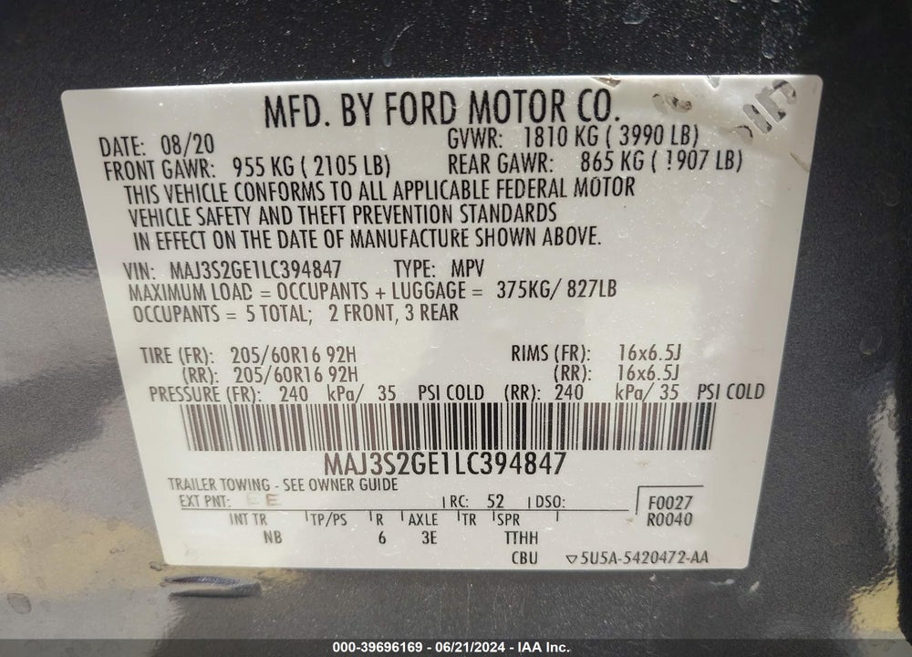 2020 FORD ECOSPORT SE VIN: MAJ3S2GE1LC394847