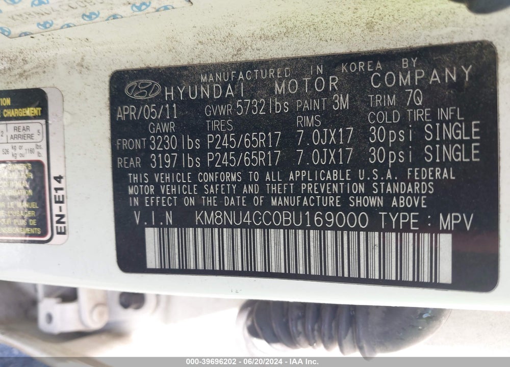 2011 HYUNDAI VERACRUZ GLS VIN: KM8NU4CC0BU169000