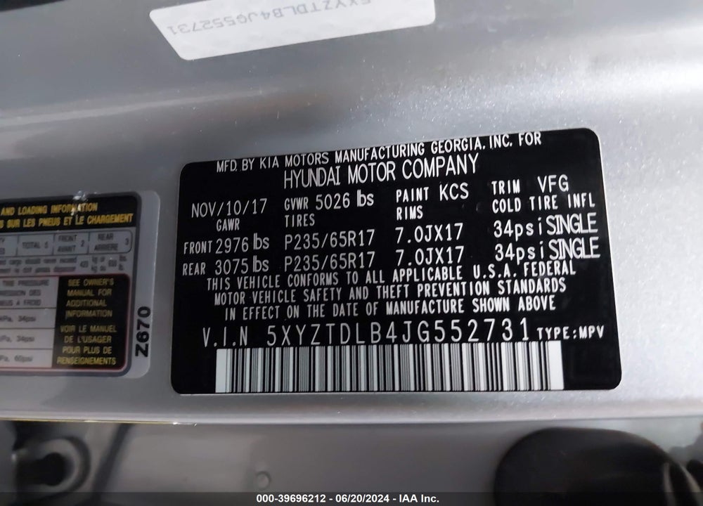 2018 HYUNDAI SANTA FE SPORT 2.4L VIN: 5XYZTDLB4JG552731
