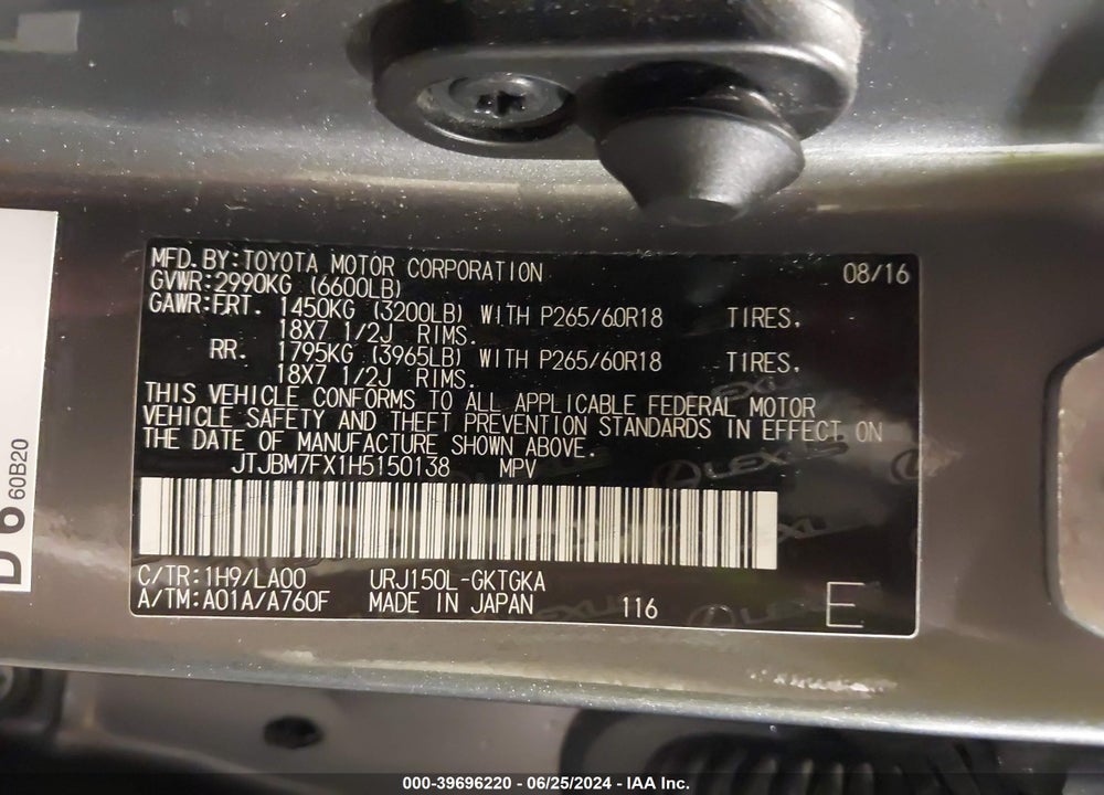 2017 LEXUS 460 VIN: JTJBM7FX1H5150138