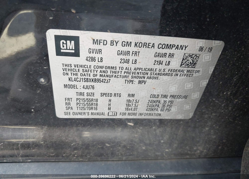 2019 BUICK ENCORE FWD SPORT TOURING VIN: KL4CJ1SBXKB954237