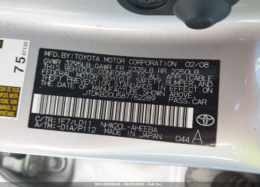 2008 TOYOTA PRIUS VIN: JTDKB20U587762289