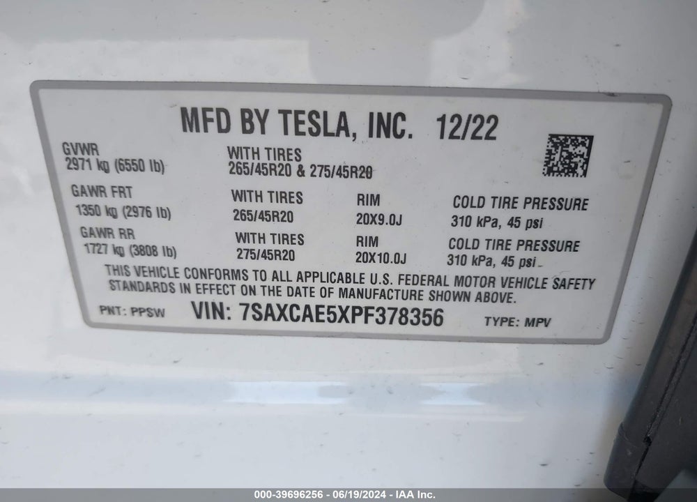 2023 TESLA MODEL X DUAL MOTOR ALL-WHEEL DRIVE/STANDARD RANGE VIN: 7SAXCAE5XPF378356