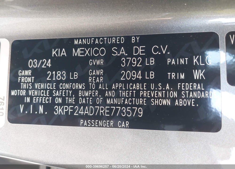 2024 KIA FORTE LXS VIN: 3KPF24AD7RE773579